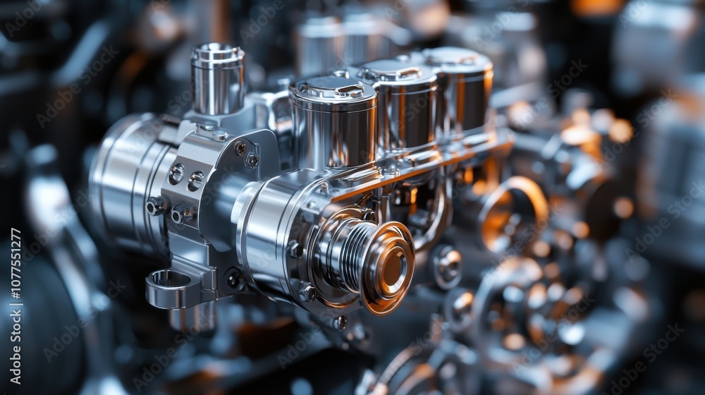 Poster detailed close-up view of a metallic diesel engine component setup highlighting subtle reflections a