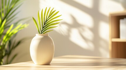 Handcrafted Ceramic Vase in Soft Neutral Tones with Elegant Green Foliage on a Minimalist Desk Space Bathed in Natural Light