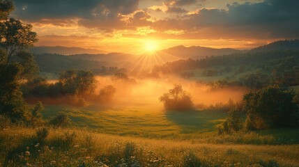 Serene sunrise over misty hills and lush green fields.