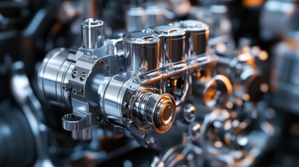 Obraz premium Detailed Close-Up View of a Metallic Diesel Engine Component Setup Highlighting Subtle Reflections and Intricate Design Elements for Automotive Enthusiasts