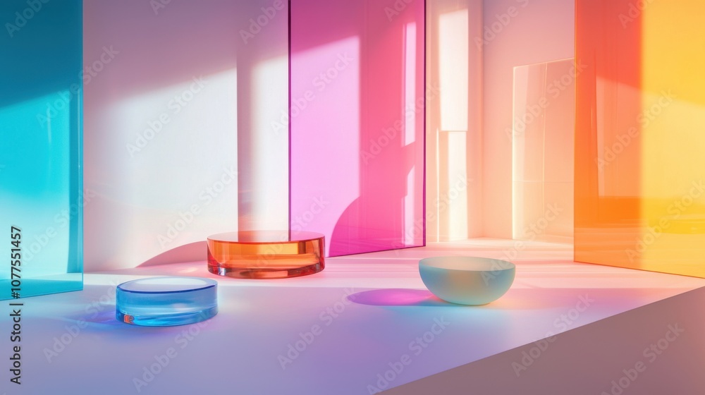 Aufkleber Vibrant Product Photography Lighting Setup for Showcasing Transparent Objects in a Modern Studio Environment with Colorful Reflections and Shadows
