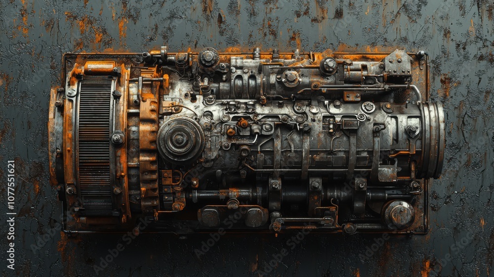 Poster detailed view of a diesel engine highlighting mechanical components and intricate design elements in