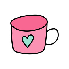 Hand drawn cute cup with heart in doodle style. Adorable cup designed for Valentine's Day, symbolizing love and affection. Perfect for sharing warm moments with a charming cup of joy and love