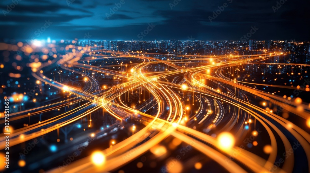 Poster close-up view of glowing data pipelines crisscrossing in a virtual landscape with a dynamic glow and