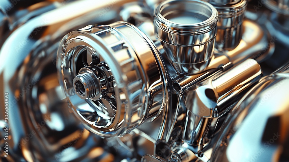 Poster polished metal engine component with sharp reflections and intricate surfaces highlighting advanced 