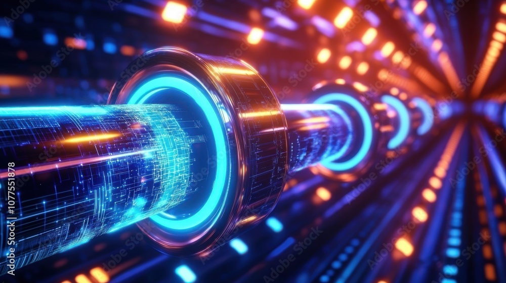Poster a creative 3d concept of a seamless data network pipeline with bright lights and futuristic design, 