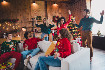 Fototapeta premium Photo of nice young people dancing have fun enjoy cozy christmas decoration interior house indoors party