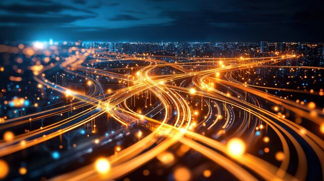 Close-Up View of Glowing Data Pipelines Crisscrossing in a Virtual Landscape with a Dynamic Glow and Night City Background