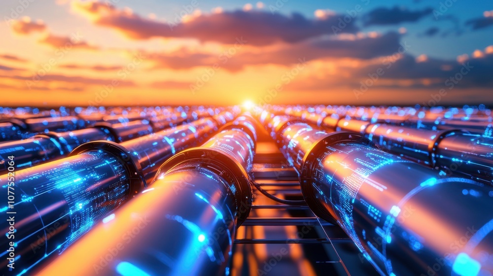 Aufkleber futuristic network pipeline with flowing data representations under a vibrant sunset sky, symbolizin