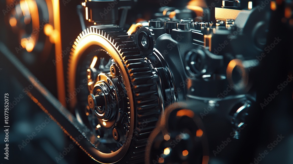 Poster close-up shot of diesel engine components highlighting belts and valves in a mechanically intricate 