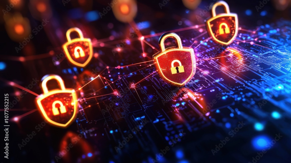 Poster digital concept of secure data pipeline featuring locks and shields representing data protection and