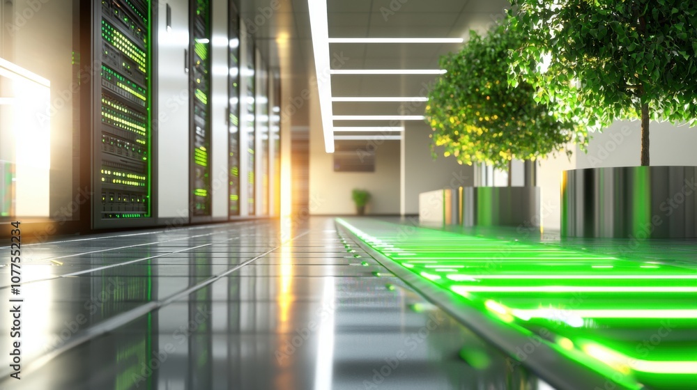 Aufkleber futuristic server room featuring glowing network pipelines and vibrant greenery, showcasing advanced
