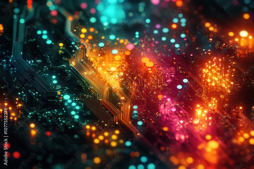 Poster abstract close-up of a circuit board with glowing lights in vibrant colors.