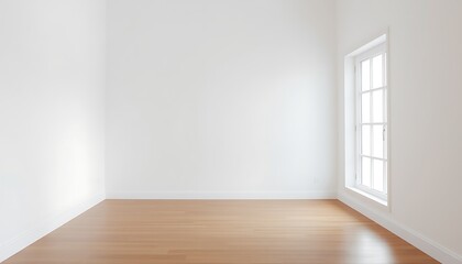 Obraz premium A serene, minimalist space with a blank white wall, polished hardwood floor, and a single, unadorned window, bathed in soft, diffused light.