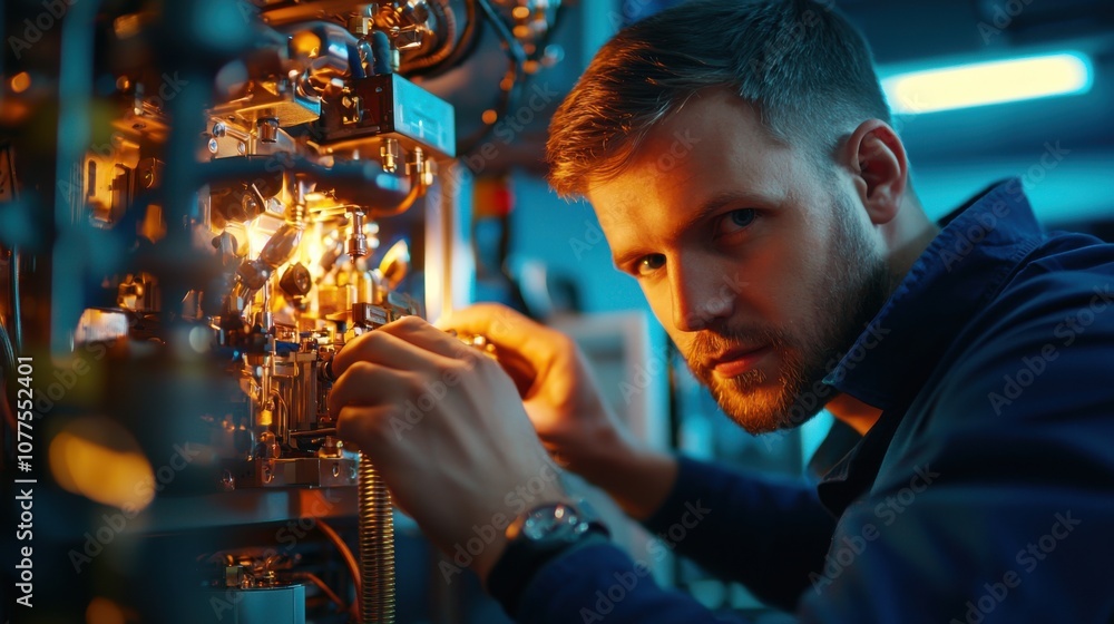 Poster skilled technician servicing gas-powered heating system in industrial setting with intricate machine