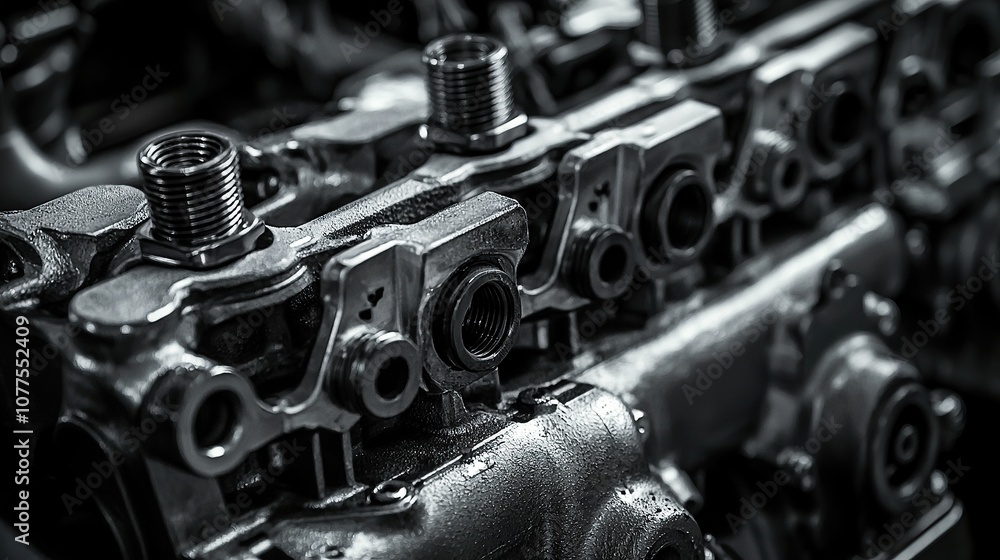 Poster detailed close-up of engine block featuring visible bolts and connectors in neutral color scheme and