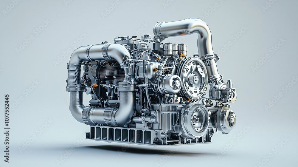 Poster detailed close-up of a turbo engine system showcasing clean design and components with a modern aest