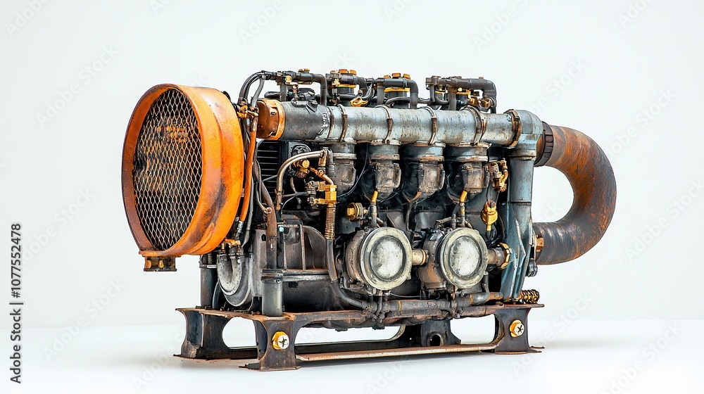 Poster isolated vintage engine with cooling pipes and exhaust system highlighted against a clean background