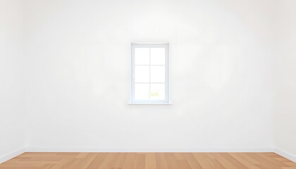 Fototapeta premium A serene, minimalist space with a blank white wall, polished hardwood floor, and a single, unadorned window, bathed in soft, diffused light.
