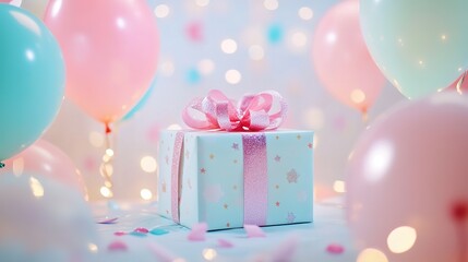 Blue Gift Box with Pink Bow and Balloons Illustration