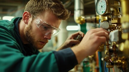 Technician Adjusting Thermostat in Heating System for Optimal Performance and Efficiency in Residential or Commercial Environment