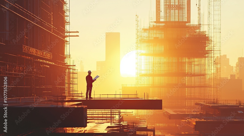 Poster engineer inspecting construction site progress against sunset background with scaffolding and buildi