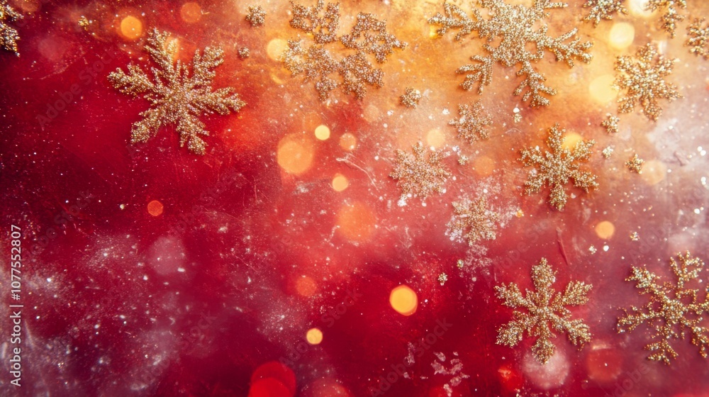 Poster A close-up image of multiple golden snowflakes scattered across a red, blurred background with bokeh lights.