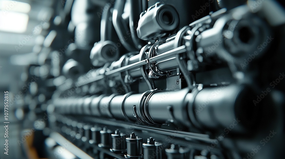 Poster detailed close-up of an intricate engine block with clean piping and components, showcasing mechanic
