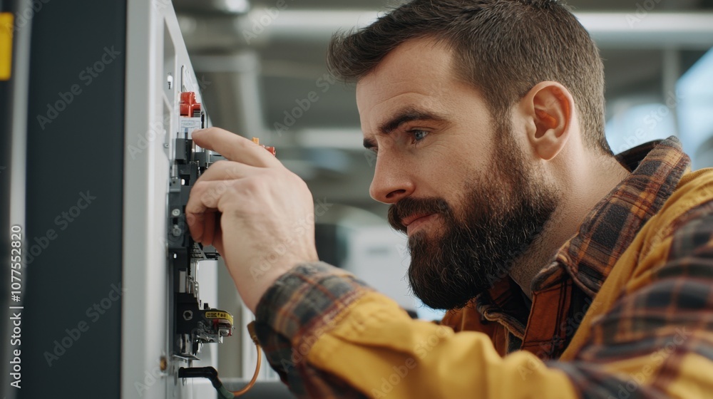 Poster technician diagnosing problems with a furnace system in a professional environment, focusing on tech