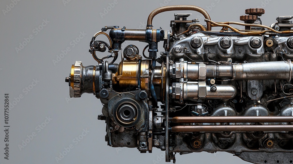 Poster detailed close-up of an engine fuel injection system component showcasing the intricate design and m