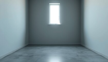 A minimalist, empty room with cold, grey walls and a polished concrete floor, illuminated by a single, small window high up on one wall.