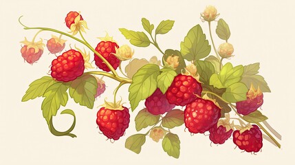 A Branch of Ripe Raspberries with Green Leaves and Buds