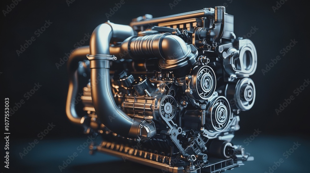 Poster intricate metallic diesel engine setup featuring complex components and subtle reflections in a stud