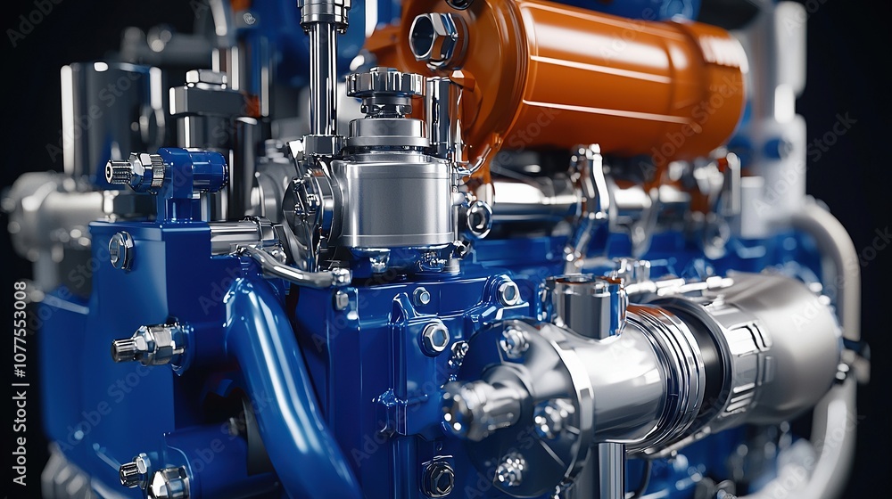 Aufkleber close-up view of a diesel engine with visible injectors and pipes, featuring a detailed overview of 