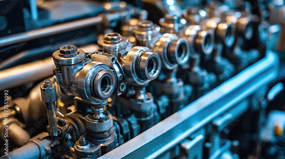 Poster detailed close-up of isolated diesel engine injectors on a six-cylinder configuration with precision