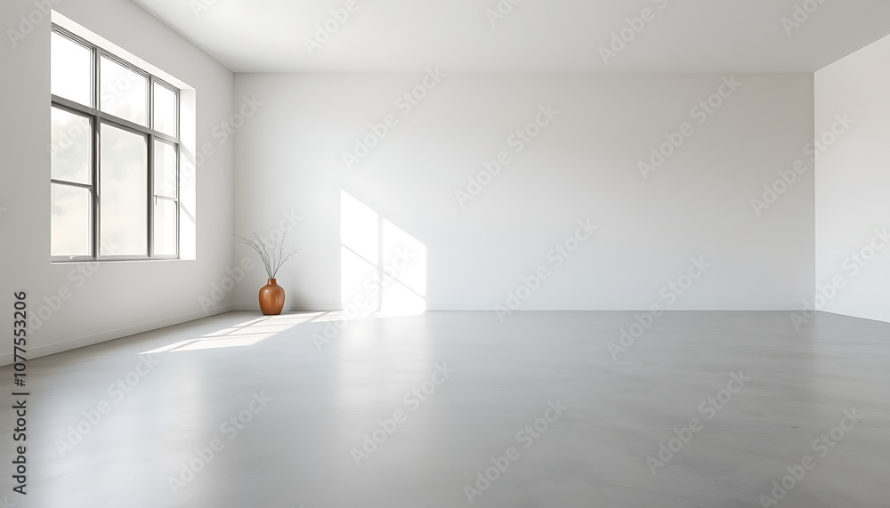 Poster a minimalist, modern empty room with a large window on one side, letting in a soft, diffused light t