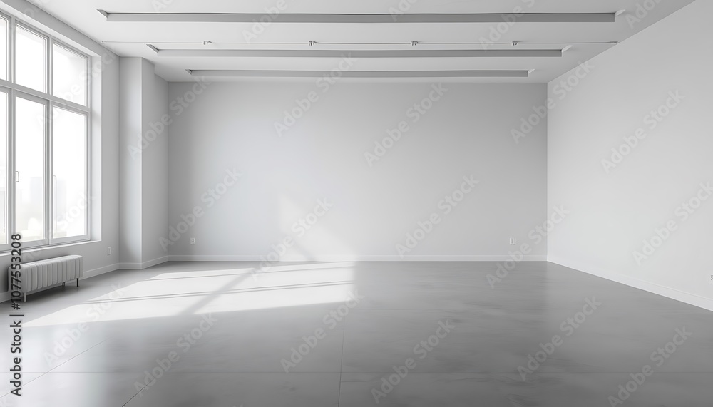Poster a minimalist, modern empty room with a large window on one side, letting in a soft, diffused light t