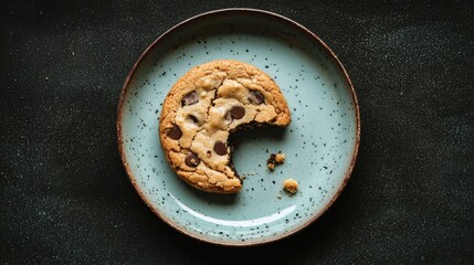 Delicious Protein Cookie with a Bite Taken Out, Placed on a Ceramic Plate Against a Dark Background, Ideal for Healthy Snack Ideas and Nutrition Promotion