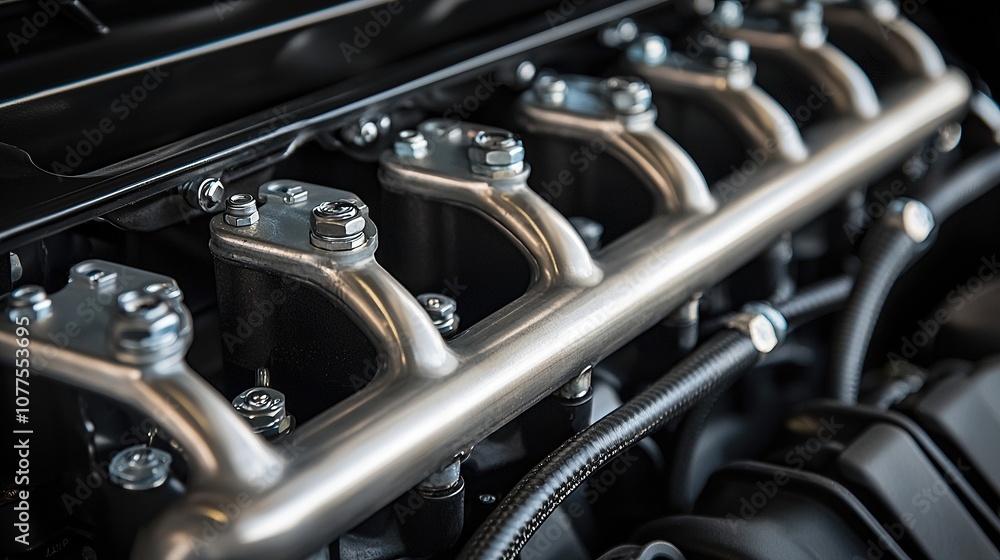 Poster detailed close-up view of diesel engine components with focus on exhaust system and mechanical featu