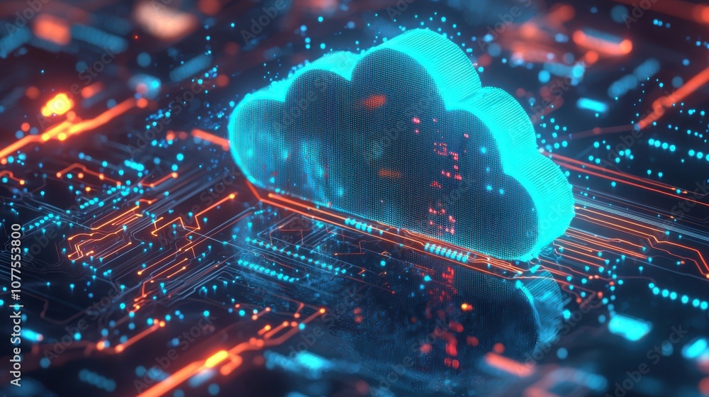 Fototapete Digital Cloud Server Hub with Illuminated Circuits and Data Pathways Highlighting Connectivity and Technology in a High-Tech Environment