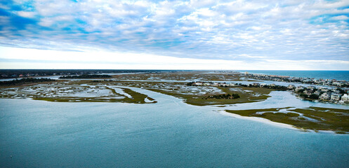 Aerial view over Wrightsville Beach in Wilmington North Carolina