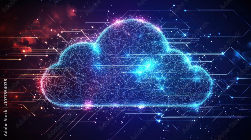 Poster vibrant digital cloud design with radiant lines and connecting nodes in a futuristic technology conc