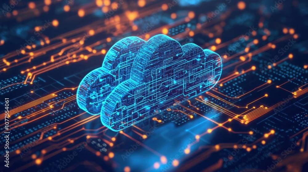 Poster illustration of a futuristic cloud server interconnected with digital circuits and data pathways, re
