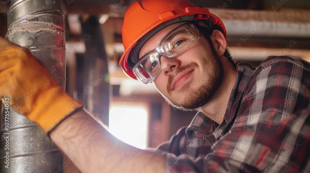 Poster skilled technician installing chimney system components for furnace operation with safety gear in an