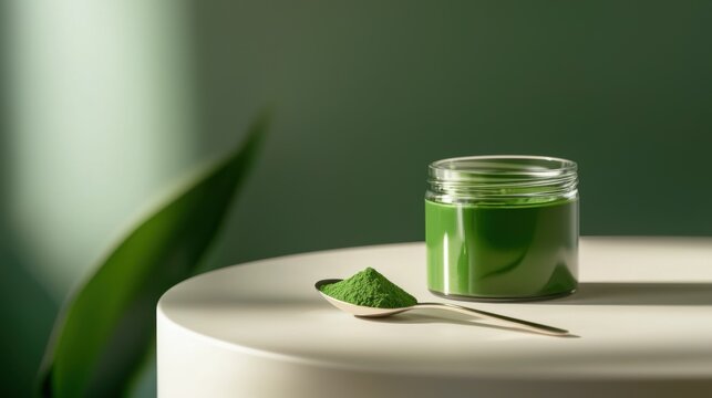 Fresh Green Spirulina Powder in a Jar with Spoon on a Minimalist Surface, Showcasing the Vibrant Color and Nutritional Benefits of This Superfood Addition to Your Diet