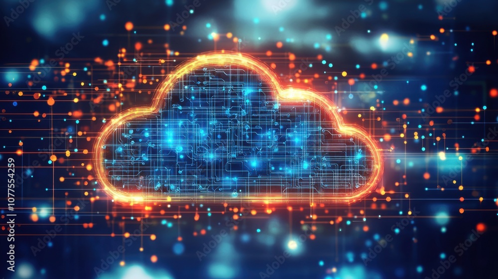 Poster digital cloud visualization with glowing circuits and data points representing computing and technol