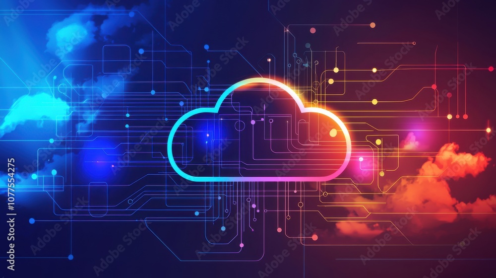 Poster abstract digital cloud with radiating data lines against a cyber landscape background illustrating m
