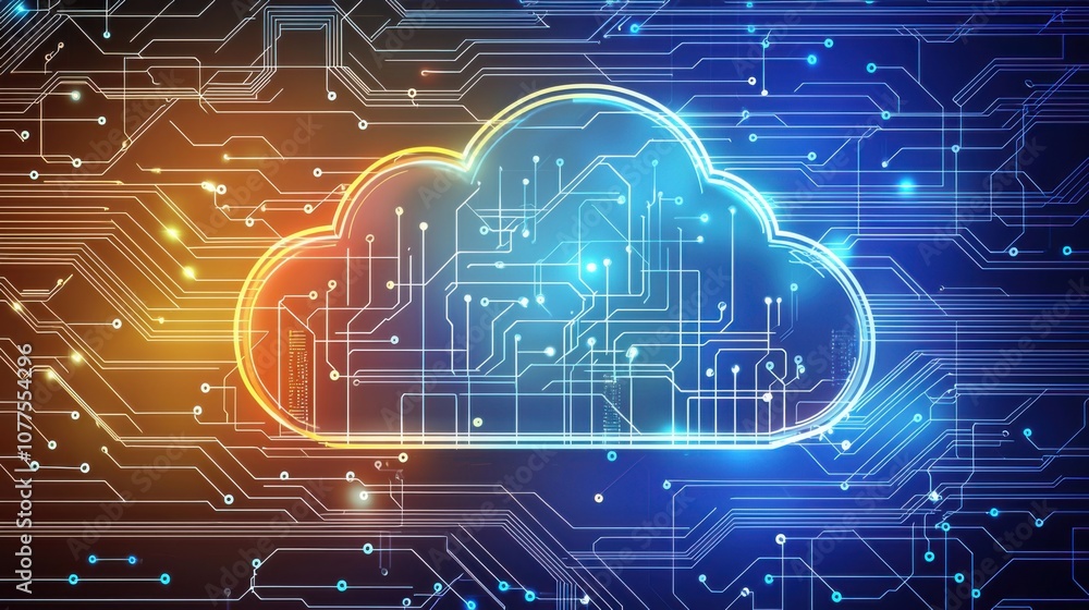 Poster abstract representation of cloud technology with data streams and circuit patterns, illustrating the