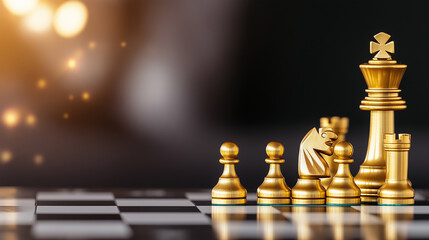 Golden chess pieces move strategically on a black board, emphasizing a cerebral battle of wits