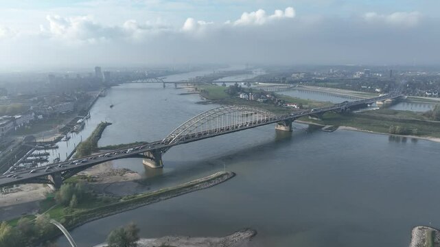 Aerial video of the room for the river project at the Dutch city of Nijmegen, with constructed additional waterway to provide more space for the Waal river during high water, future proof design